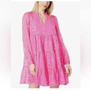 NWT Lilly Pulitzer Sarita Silk Swing Dress in Pink Topaz Gold Metallic Silk Clip